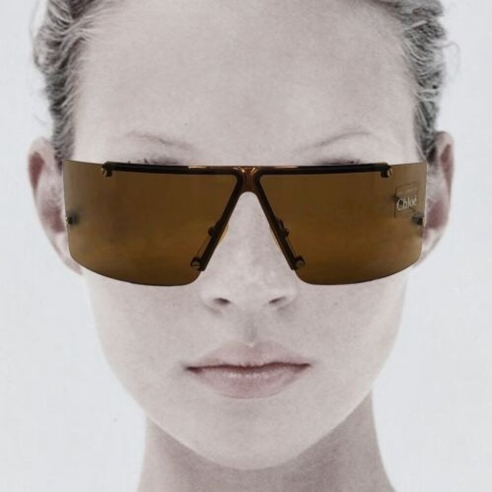 Chloe NWT Rare Vintage Shield Wrap Sunglasses Brown Metal Frame Phoebe Philo Era